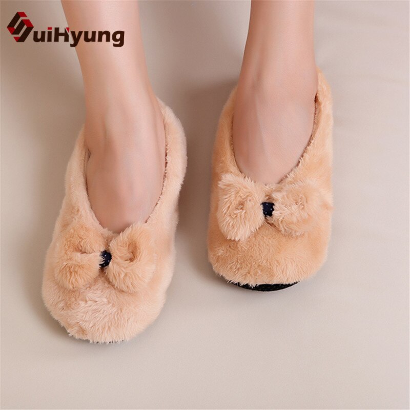 Suihyung Vrouwen Slippers Winter Warm Pluche Indoor Vloer Sokken Zachte Katoenen Schoenen Leuke Boog Dames Bont Slides Home Pluizige Slip op: Khaki / 8