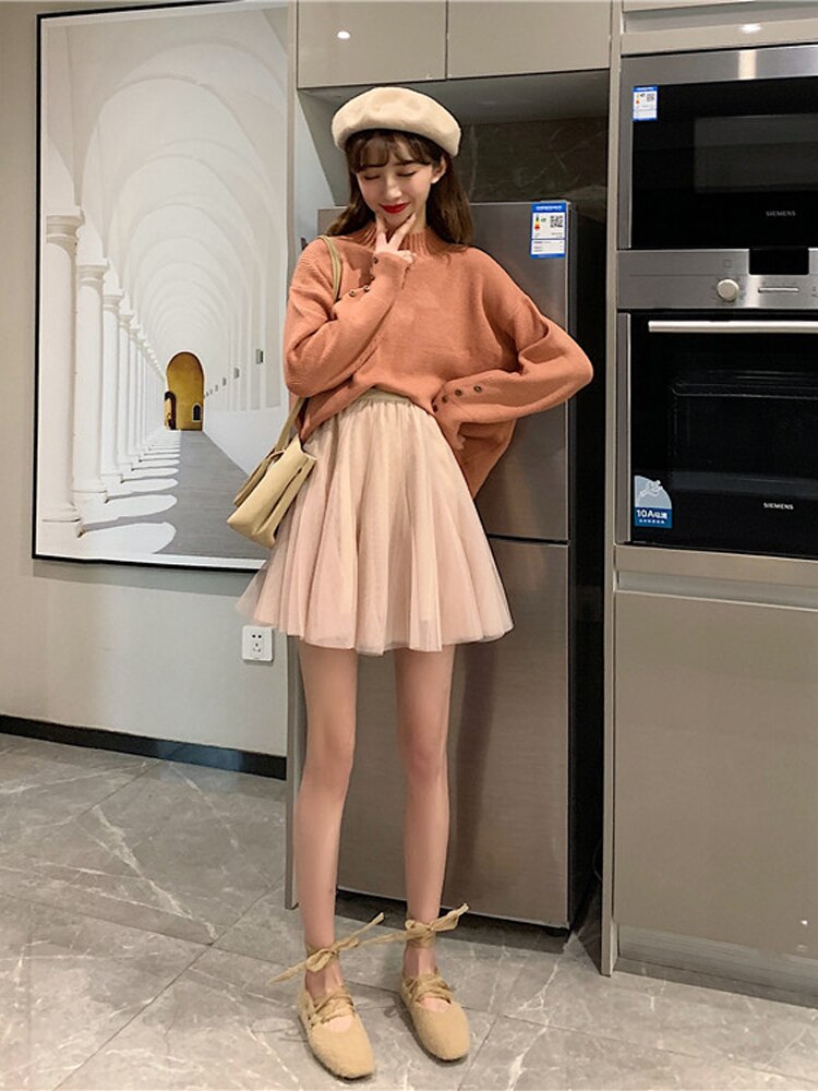 Minifalda de tul para mujer, Falda corta de malla coreana, cintura alta elástica, color negro liso, ropa de mujer,