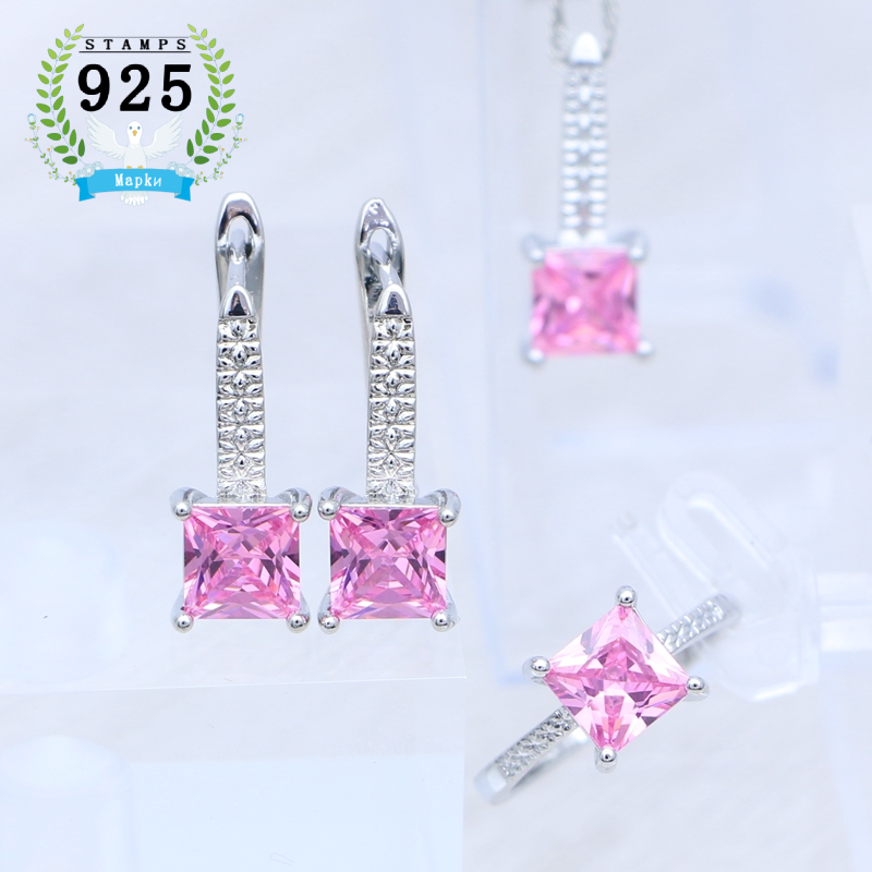 Mujer pendientes anillo colgante collar 925 joyería de plata cuadrado granate piedra roja conjunto de joyas accesorios de boda: Rosa
