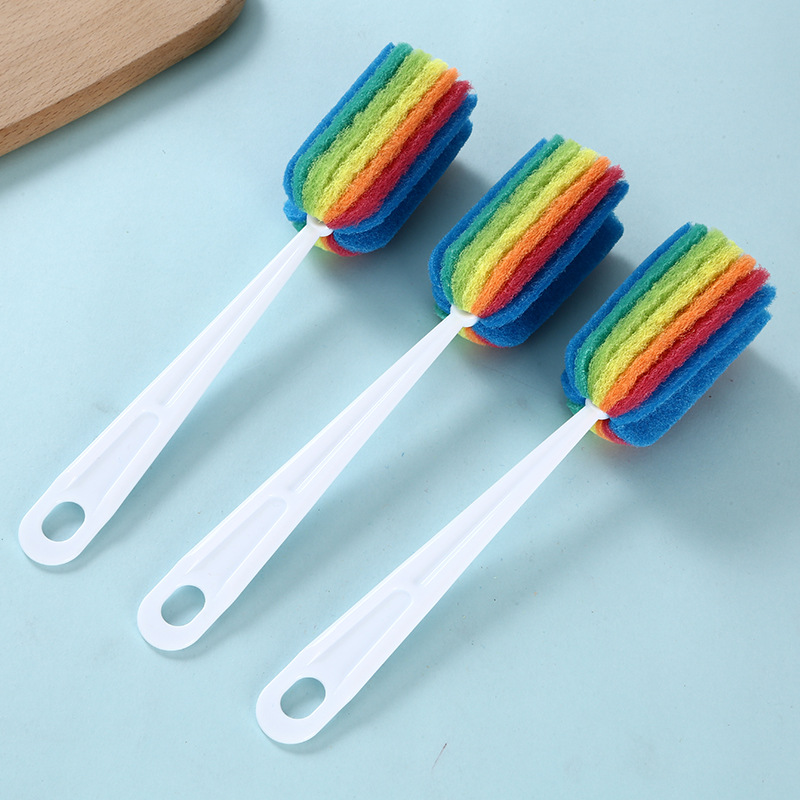 Spazzola in spugna arcobaleno per neonato, bottiglia d'acqua, tazza, tazza, spugna per lavaggio vetro, spugna per pulizia, con manico, utensili per la pulizia