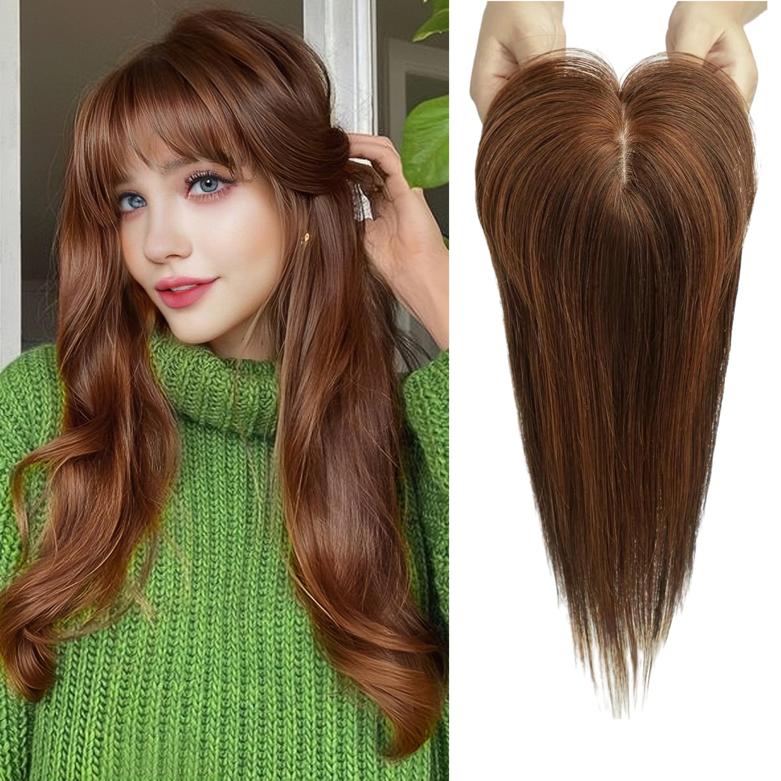 Ombre Braune Echthaar-Deckel-Perücken mit Pony, Seidenbasis-Clip-Stücke, 35,6 cm, gerade Deckel-Haare für Damen-Haarverlängerung: 8 zoll / 613 #