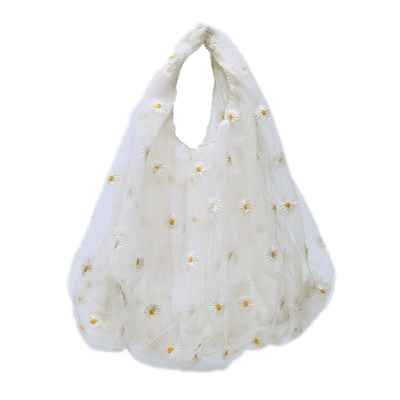 Women Embroidery Transparent Tote Mesh Storage Bag Daisy Organza Handbag Korea Girls Fruit Bag Purse: White