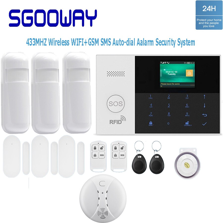 Sgooway factory 433 mhz trådløs wifi & gsm sms auto-dial alarm sikkerhedssystem med lav batteri advarsel