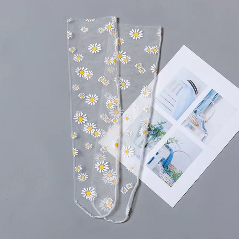 Women Girl Sheer Mesh Loose Ankle Socks Daisy Candy Color Loose Mid Tube Hosiery: Beige