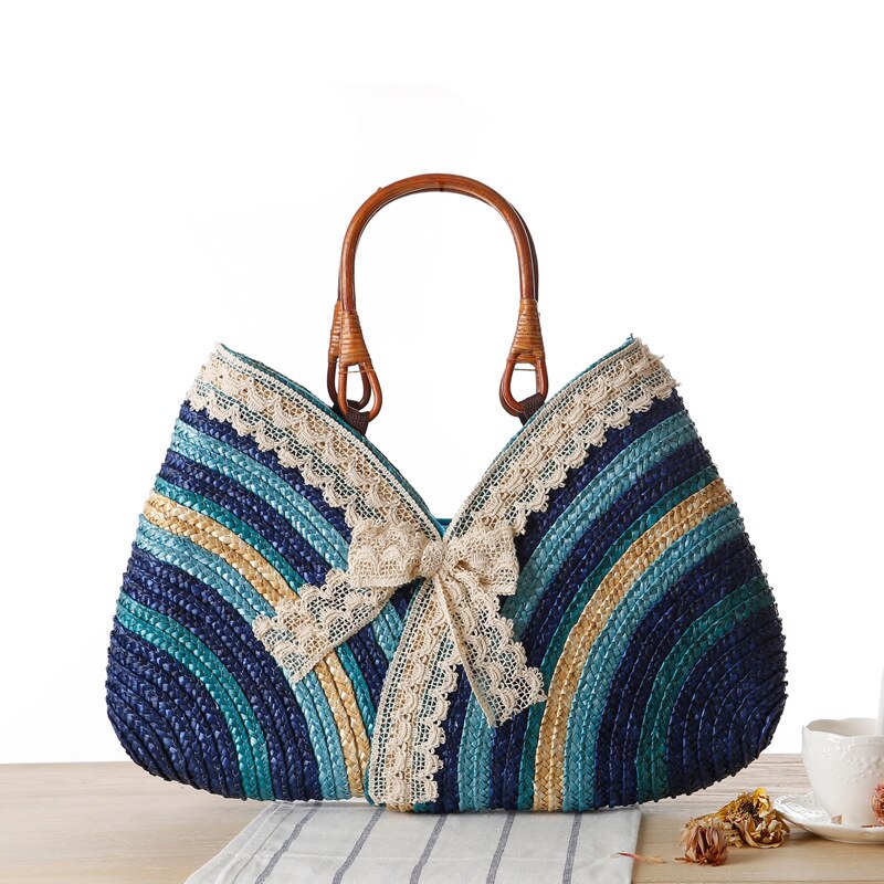 Mode Bohemen Zomer Vrouwen Kant Boog Stro Weven Rotan Handtas stro Strandtas Geweven Schouder Tote Shopping Beach Bag: Blauw