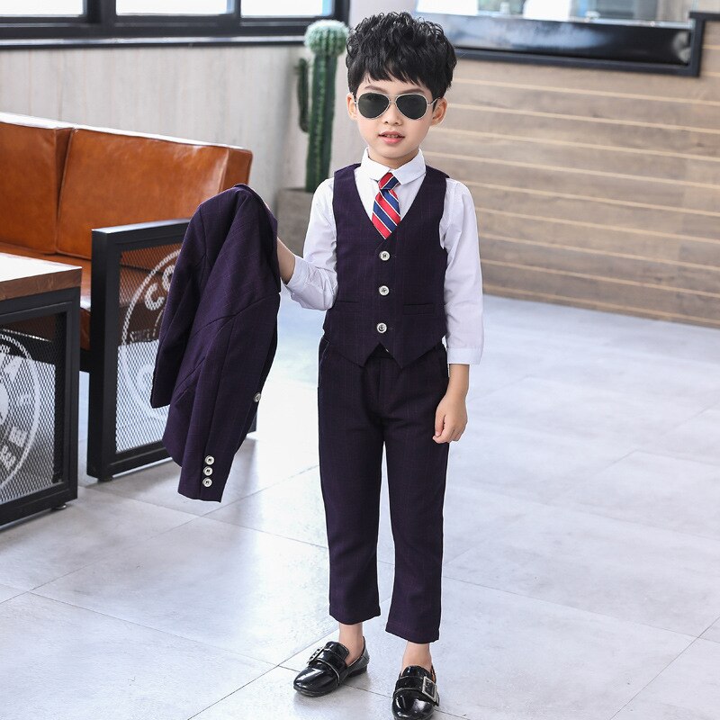 Dollplus Formal Kids Boys Suits Baby Boy Clothes Suit for Wedding Tuxedo Teenage Party Clothing 3 Pcs/set Plaid Children Set: Purple / 3T