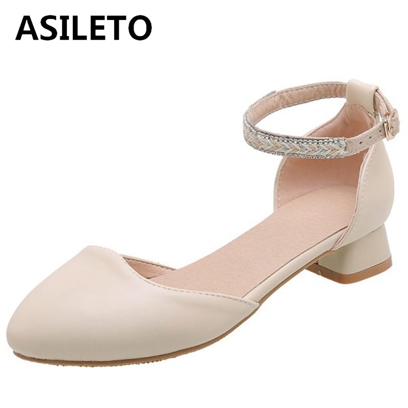 ASILETO Woman Concise Summer Flats Sandals Pointed Toe 2.5cm Hoof Heels Ankle Buckle Large size 32-43 White Date T1145