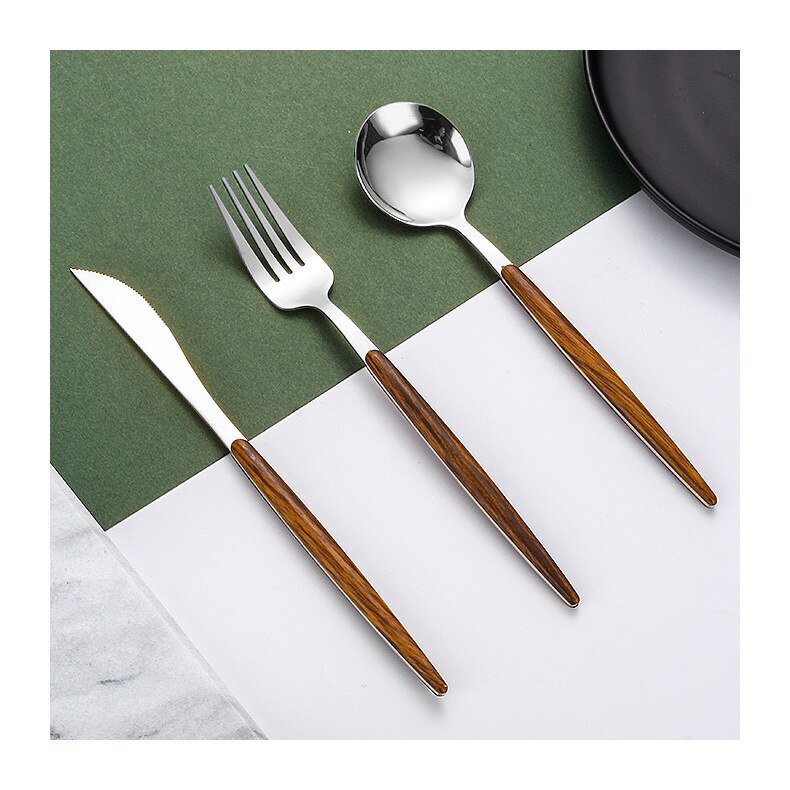 Visuell touch lyxigt silver bestick trähandtag guld silver middag bestick set dessert sked gaffel kniv uppsättningar för hemmet kommersiella: Silver set  of 3