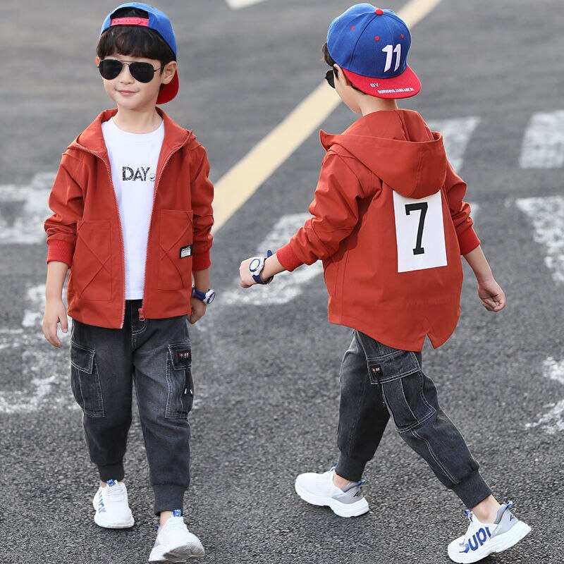 INS Boys Outdoor Jackets 4-13 year old Korean Sping and autumn jacket boys Hooded Solid color stitching pocket kids coat