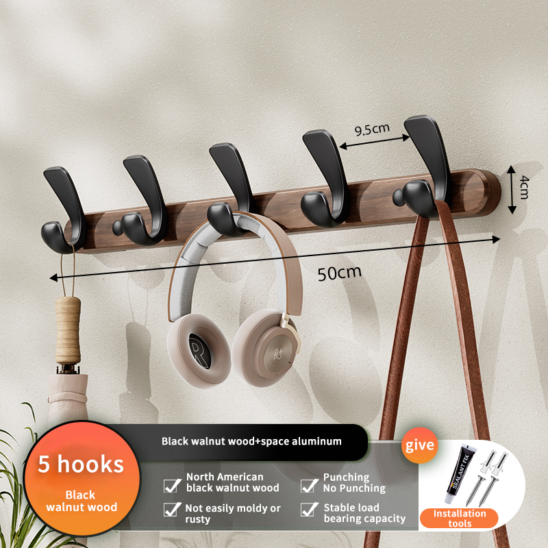 Ganchos para batas de nogal, decoración del hogar, ganchos de madera para ropa, montaje en pared, colgador de bolsas, organización del baño, estilo: Negro