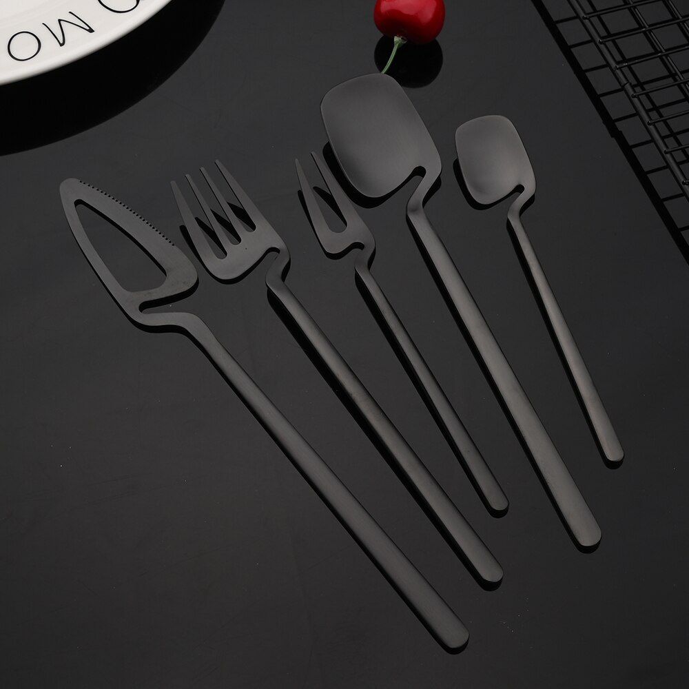 30Pcs Flatware Kitchen Cutlery Set Mat Black Dinnerware Set Knife Spoon Cake Fruit Fork 18/10 Stainless Steel Party Tableware