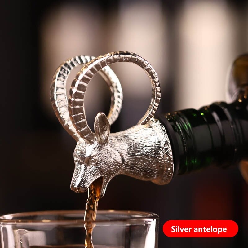 Zinc Alloy Deer Stag Head Wine Pourer Unique Wine Bottle Stoppers Wine Aerators Bar Tools Get Together: Silver antelope