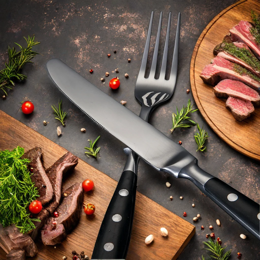 Cubiertos clásicos y elegantes de acero inoxidable, juego de 4/6/8 piezas, cuchillo deportivo de , cuchillo para carne con horquilla completa, juego de cubiertos creativos