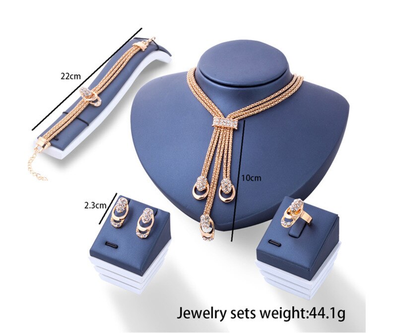 Rosa guld krystal smykkesæt kvinder brude halskæde øreringe armbånd ring rhinestone bryllup forlovelsesfest smykker