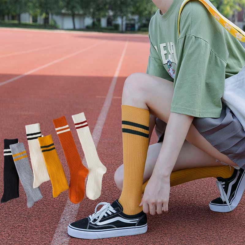 Koreansk stil kvinder sokker e pige sødt langt knæ vinter kawaii efterår glad sheer chaussettes hautes stribet modis gul