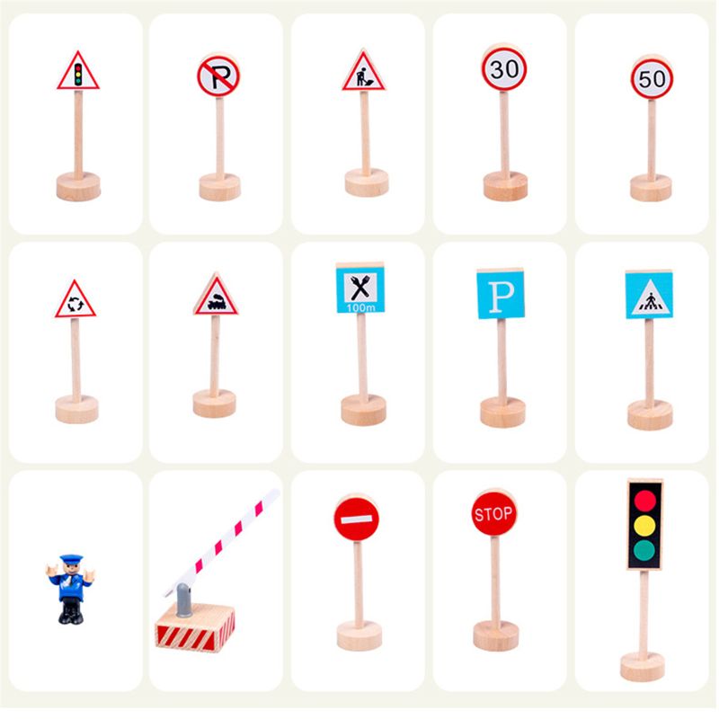 16PCS Colorful Wooden Street Traffic Signs Parking Scene Kids Children Education 97BD