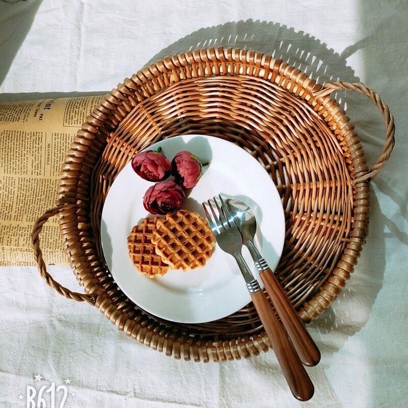 Bandeja duplo de vime em rattan multifuncional, prato criativo de frutas, prato de pão, bandeja para pão cozido