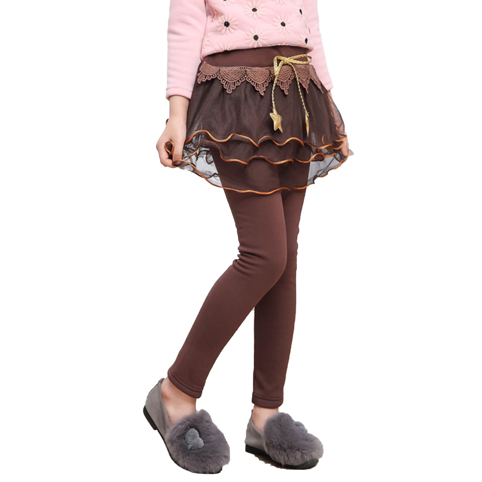 Pantaloni per bambini Leggings per ragazze con gonna Tutu in maglia a strati autunno inverno abbigliamento per bambini Leggings in cotone stelle gonna ornata-pantaloni: Coffee / 160