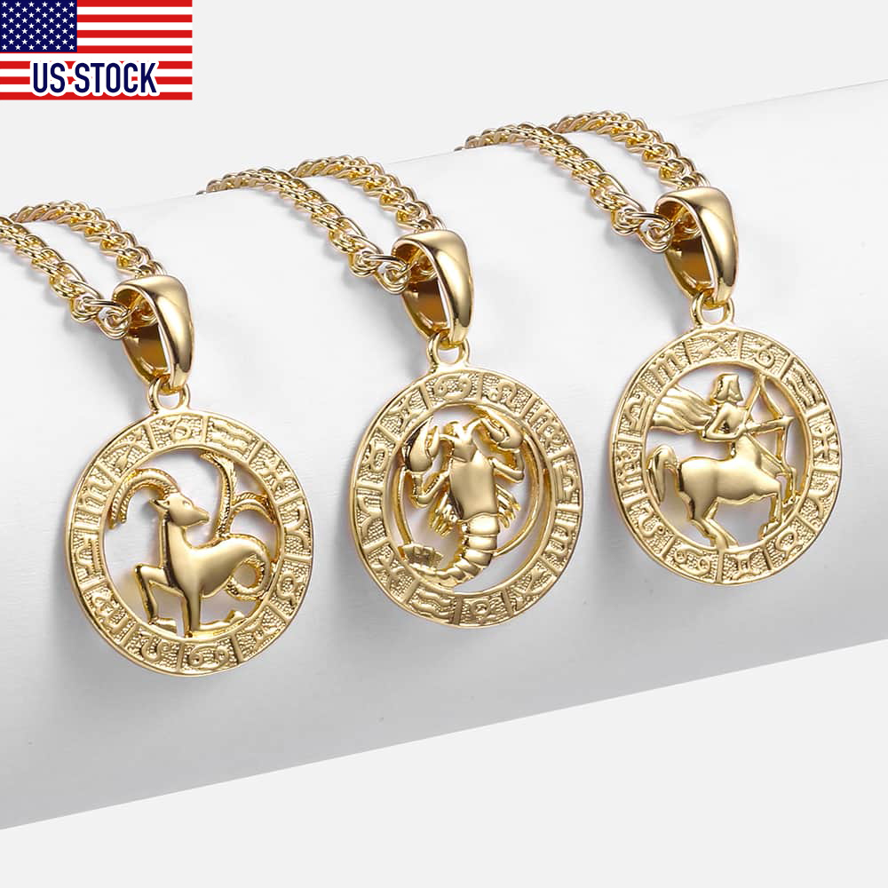 Davieslee 12 Horoscope Zodiac Sign Pendant Necklaces For Women Men Gold Color Aries Leo 12 Constellations DGPM24