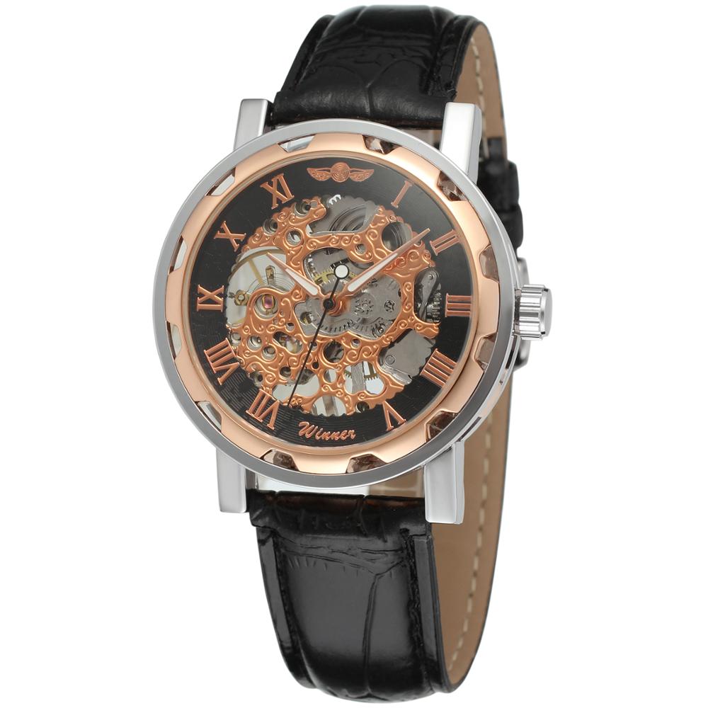 Winnaar Horloge Rose Gloden Romeinse Cijfers Gear Reverse Zwarte Lederen Band Mannen Mechanisch Horloge