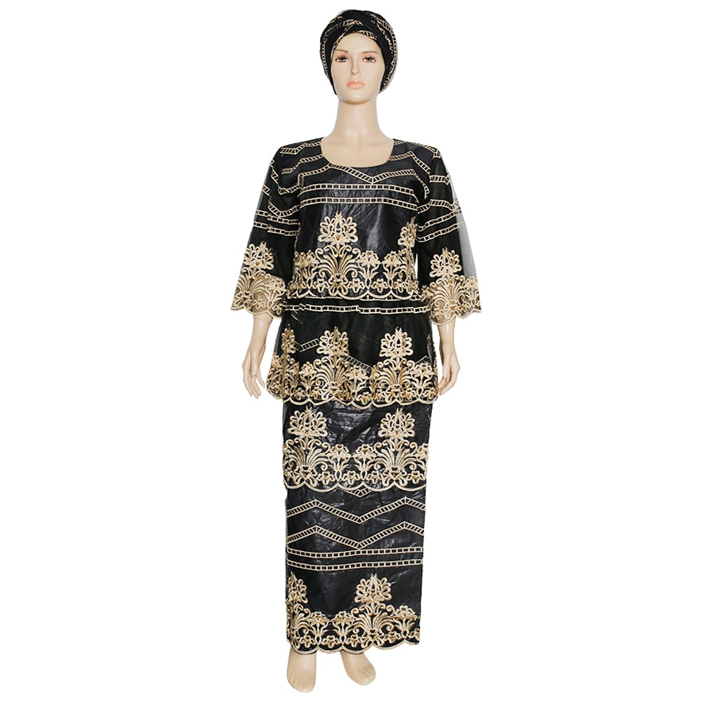 MD Bazin Riche-Conjunto de ropa africana para mujer, Top bordado Dashiki, falda, pañuelo en la cabeza, traje tradicional, túnicas Ankara, 2022