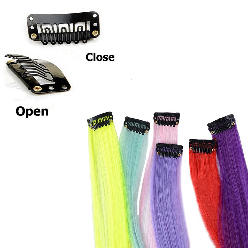 LM Long Straight Rainbow HairPiece Hair Extensions Clip In Hair Streak Pink Synthetic Hair Piece Strands on Clips