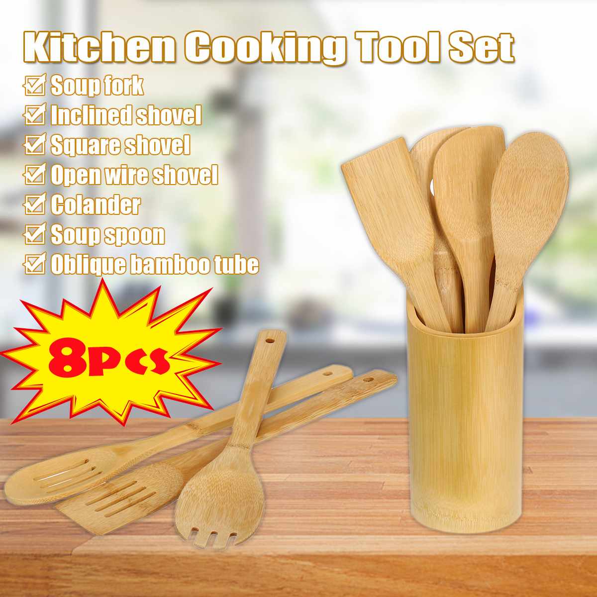 8 Stuks Bamboe Lepel Spatel Keuken Gebruiksvoorwerp Houten Koken Toolspoon Spatel Mengen Mengen Set Kookgerei Set