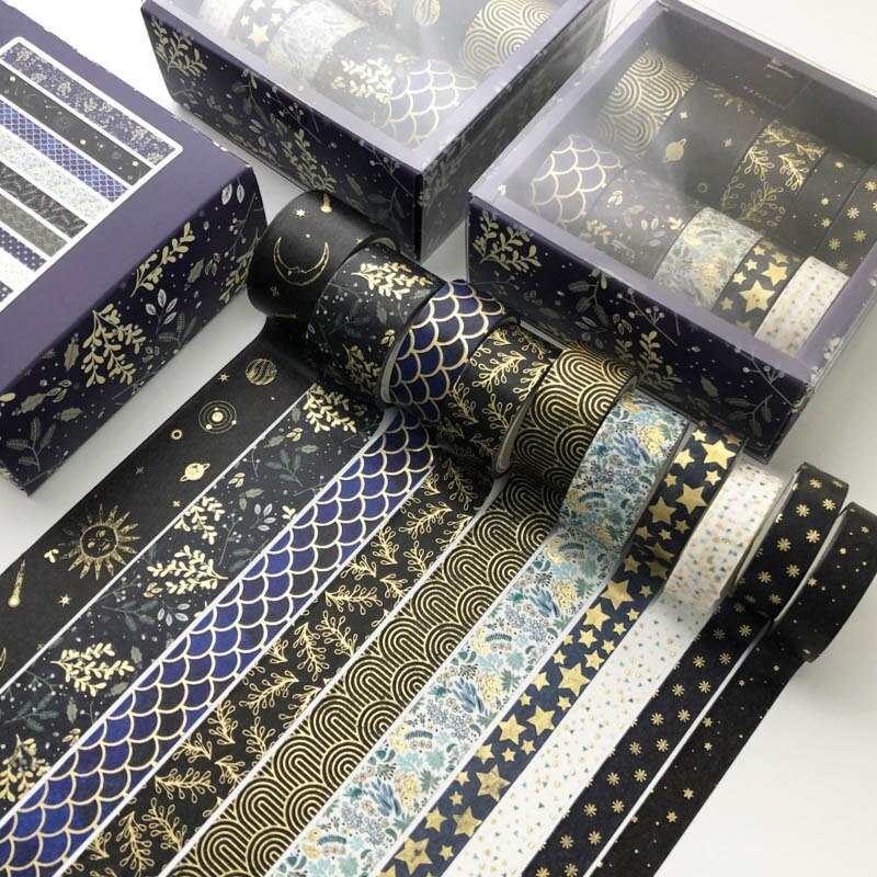 Cinta adhesiva decorativa Estilo Vintage para álbum de recortes, cinta adhesiva Washi de color negro y dorado para decoración de álbumes de recortes, papelería para diario, 10 unids/set por juego