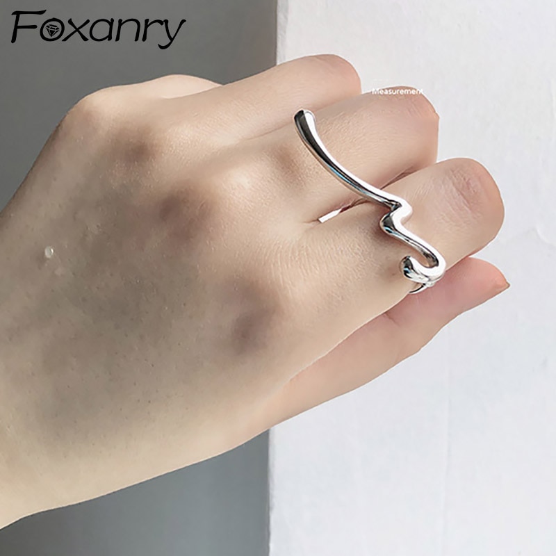 Foxanry Minimalist 925 Sterling Silver Rings for Women Trendy Line Hollow Irregular Birthday Party Jewelry