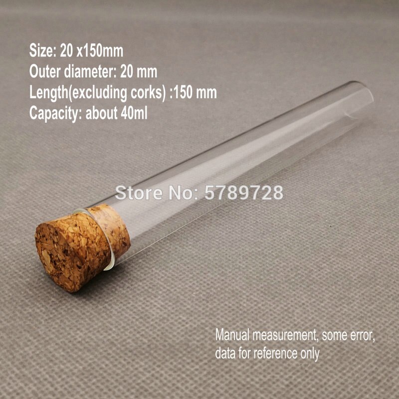 50 unids/lote 20x150mm Tubo de ensayo de fondo plano de vidrio transparente con tapón de corcho, recipiente de reacción de vidrio engrosado de laboratorio con boca plana