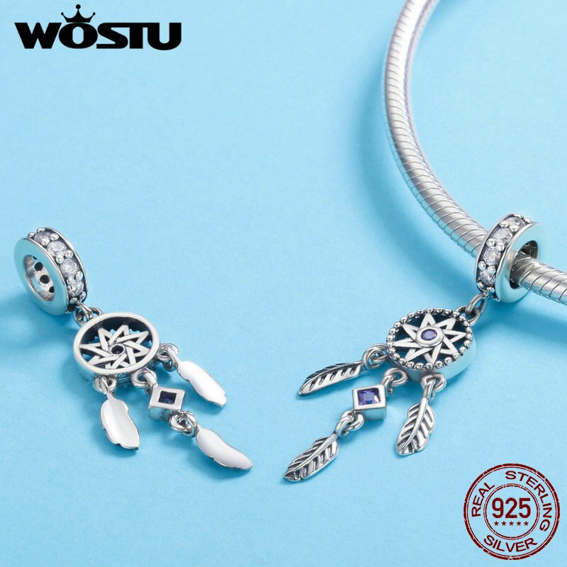 WOSTU Real 925 Sterling Silver Bohemia Dream Catcher Tassel Charms Bead For S925 Silver Bracelet Pendant Jewelry CQC841