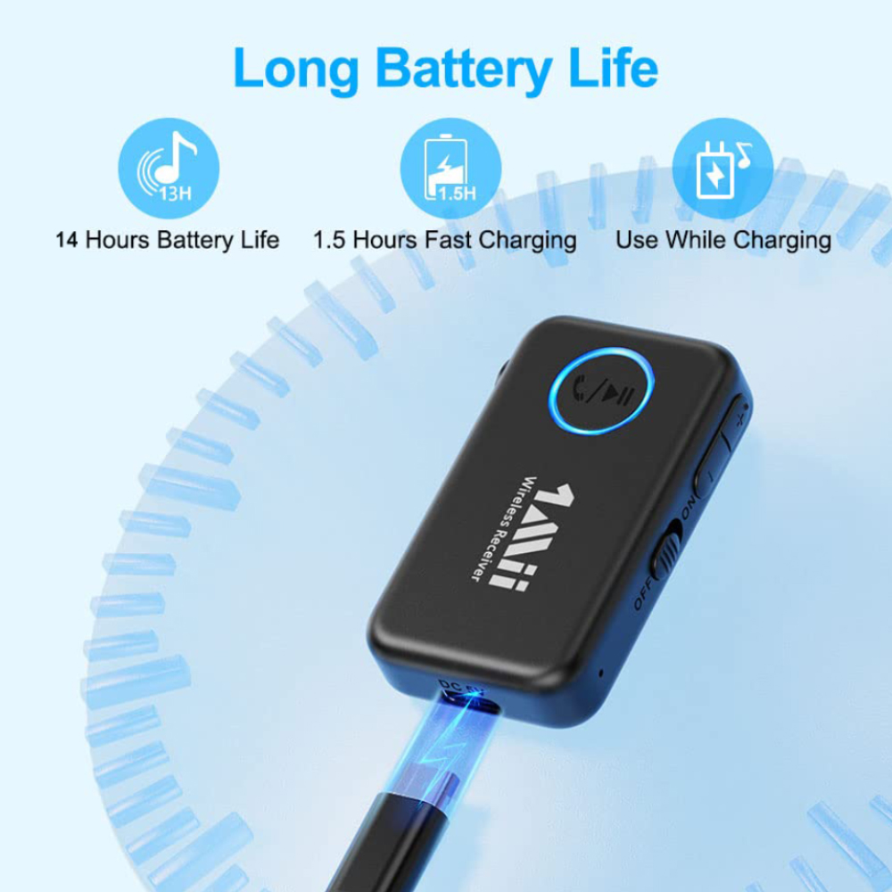 1mii ml100 receptor bluetooth 5.0 para adaptador de áudio aux de carro, com microfone 14h bateria longa 3.5mm jack para tv fone de ouvido alto-falante