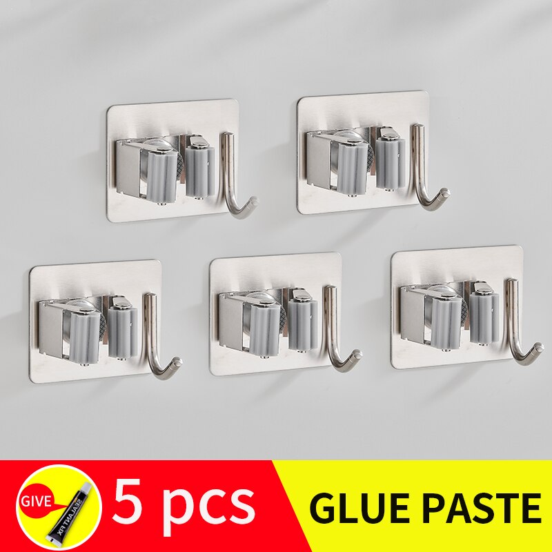 Salon balai et serpillère support inox robe crochets installation sans vis noir salle de bain étagères parapluie étagère de rangement: silver-5pcs