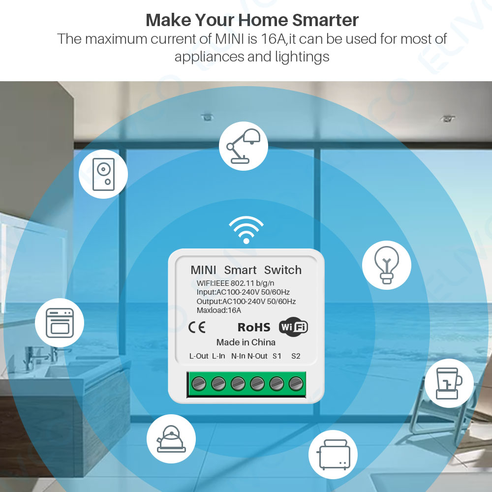 16a diy mini smart wlan-schalter mit 2- -wege-steuerung, smart-home-automatisierungsmodul, kompatibel mit alexa, google home, tuya und der smart life app.