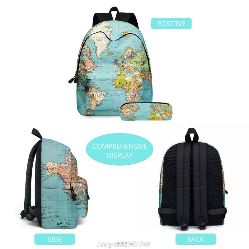2pcs World Map Printing Backpack Girls Bookbag Laptop Bag Travel Daypack Student Rucksack with Pencil Case S19 20 Dropshpping