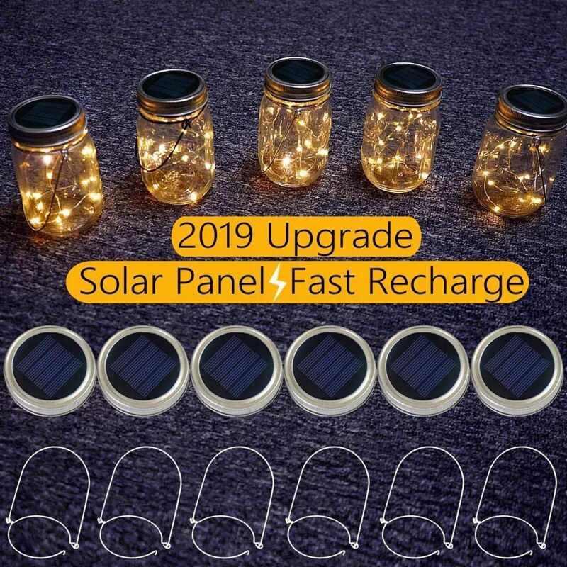 Lumières solaires de couvercle de pot de Mason, paquet de 6 20 lumières de couvercles de pot de luciole d'étoile de fée de ficelle de Led, 6 cintres inclus (pots non inclus), Patio