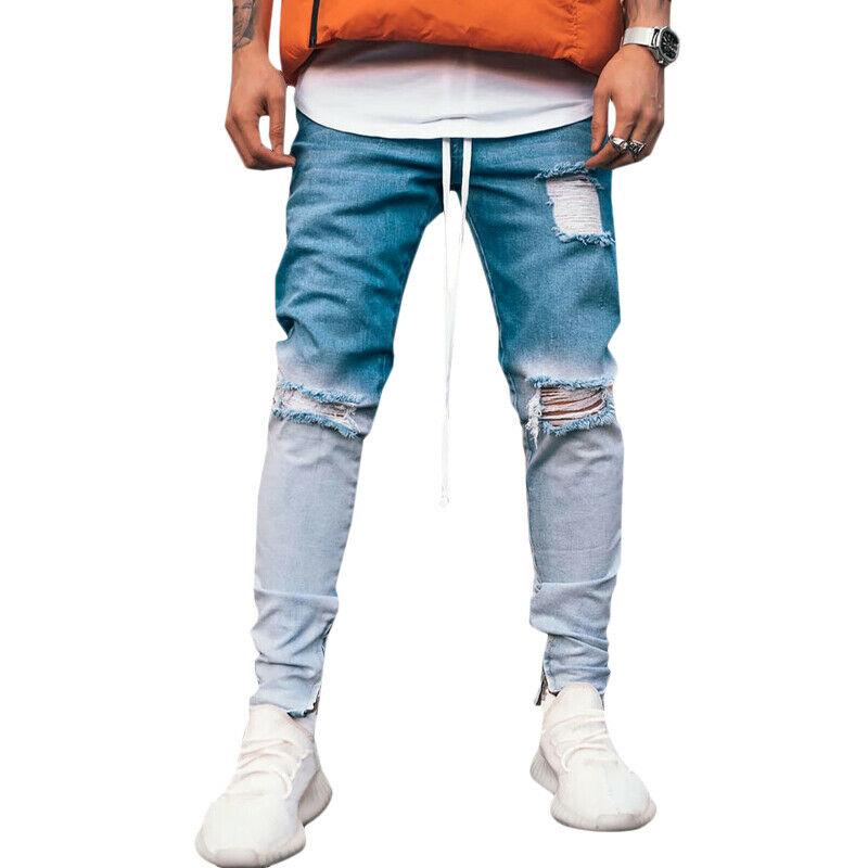 Vicabo herrebukser stretch lange jeans plus størrelse 3xl sorte herre gradient bukser med revet hul herre blå denimbukser: Lyseblå / Xxl