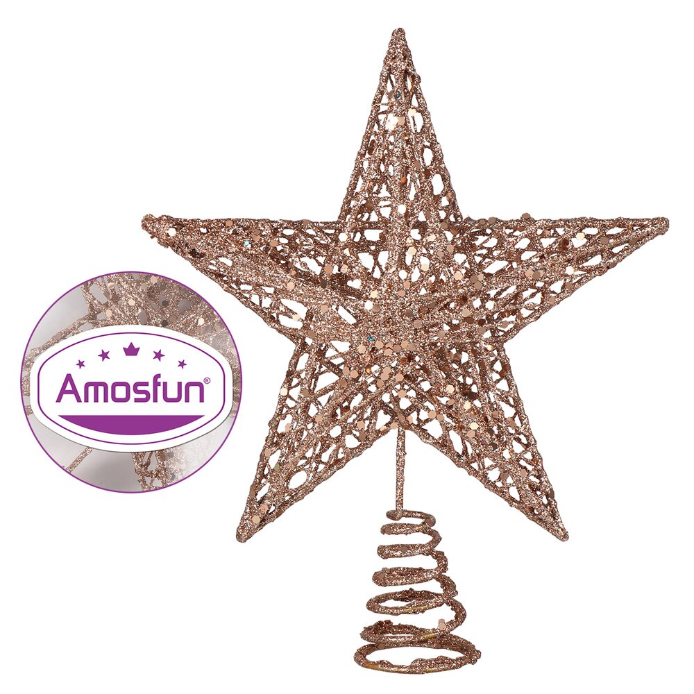 Amosfun 20cm Christmas Tree Iron Star Topper Glittering Christmas Tree Decoration Ornaments (Rose Gold)