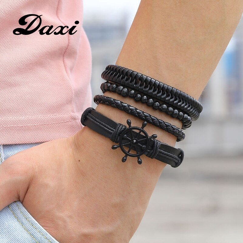 Daxi Heren Lederen Armband Voor Mannen Accessoires Kralen Armbanden Charm Armbanden Bedels Armband Verstelbare Kralen Armband Set