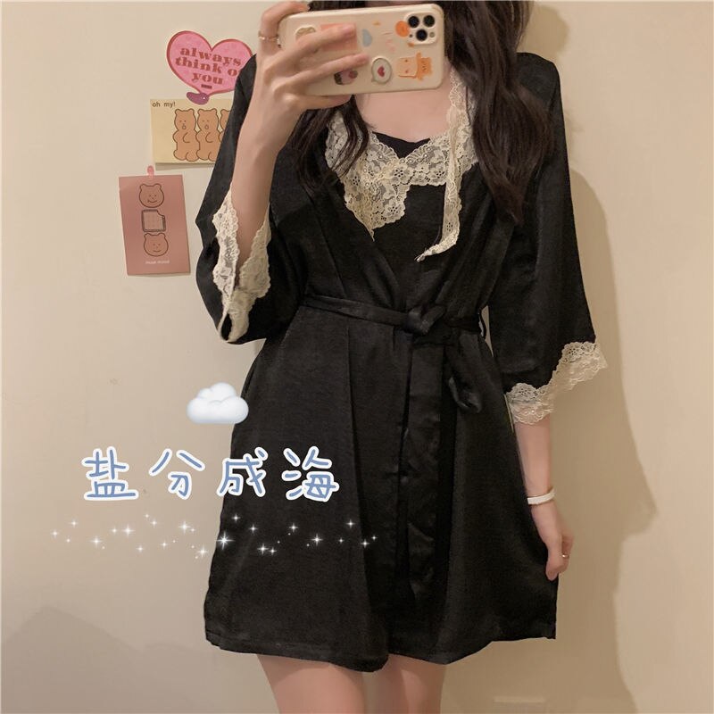 Women Robe Sets Lace V-neck Sexy Mini Length Casual Half Sleeve Robes Spaghetti Strap Gowns Autumn Sleepwear Home Lounge Suits