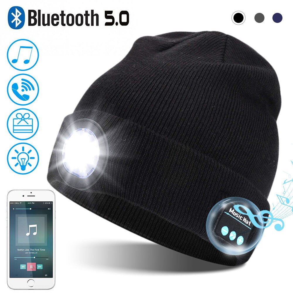 Bluetooth Kopfhörer Musik Hut Winter Drahtlose Kopfhörer Kappe Headset Mic Outdoor Radfahren Wandern LED Licht Strickte Hut Für Xiaomi