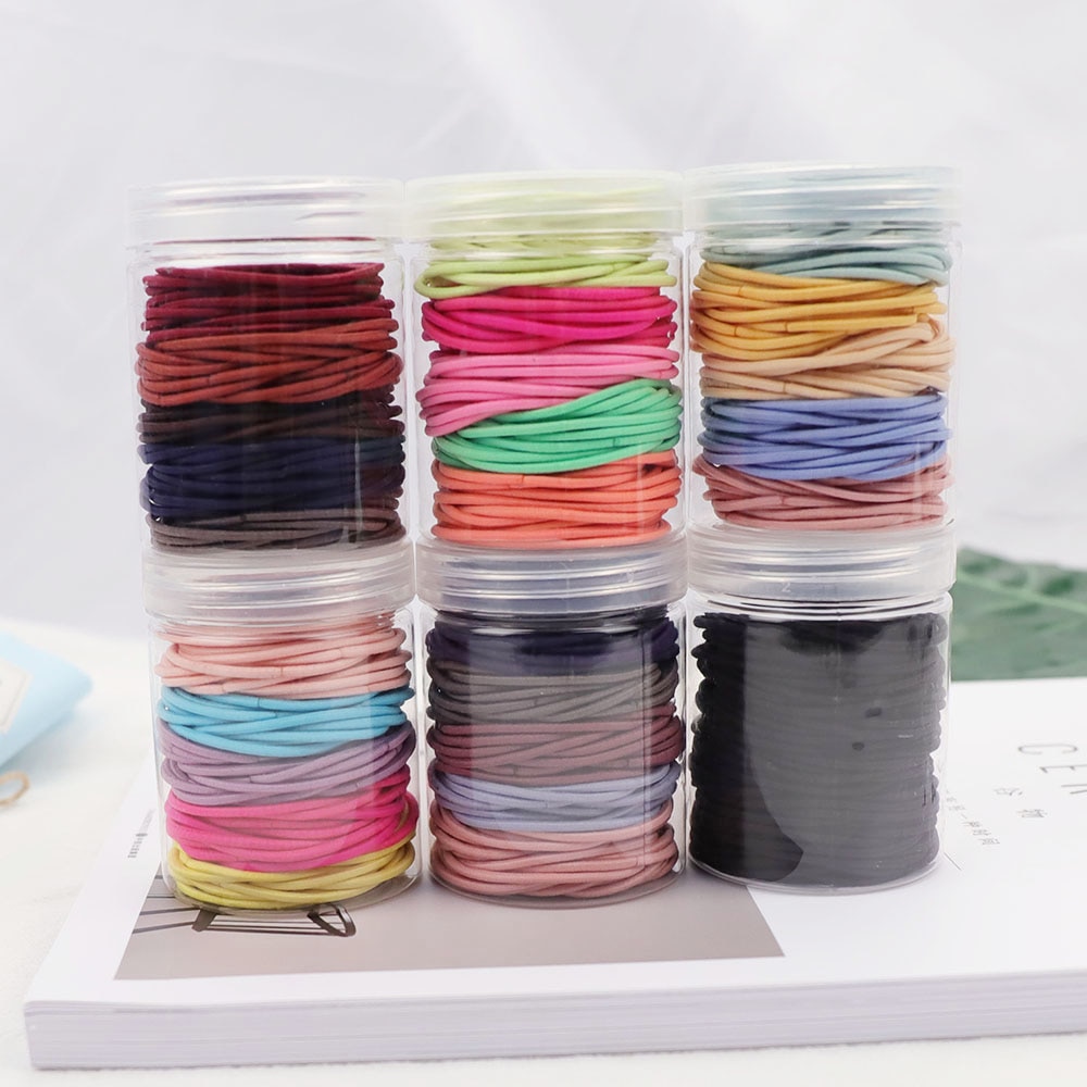 Gomas elásticas de goma para el pelo para niñas y mujeres, gomas finas de colores de 2MM de grosor, accesorios básicos para el cabello, goma bonita para el pelo, botella de 4CM, 100 Uds.
