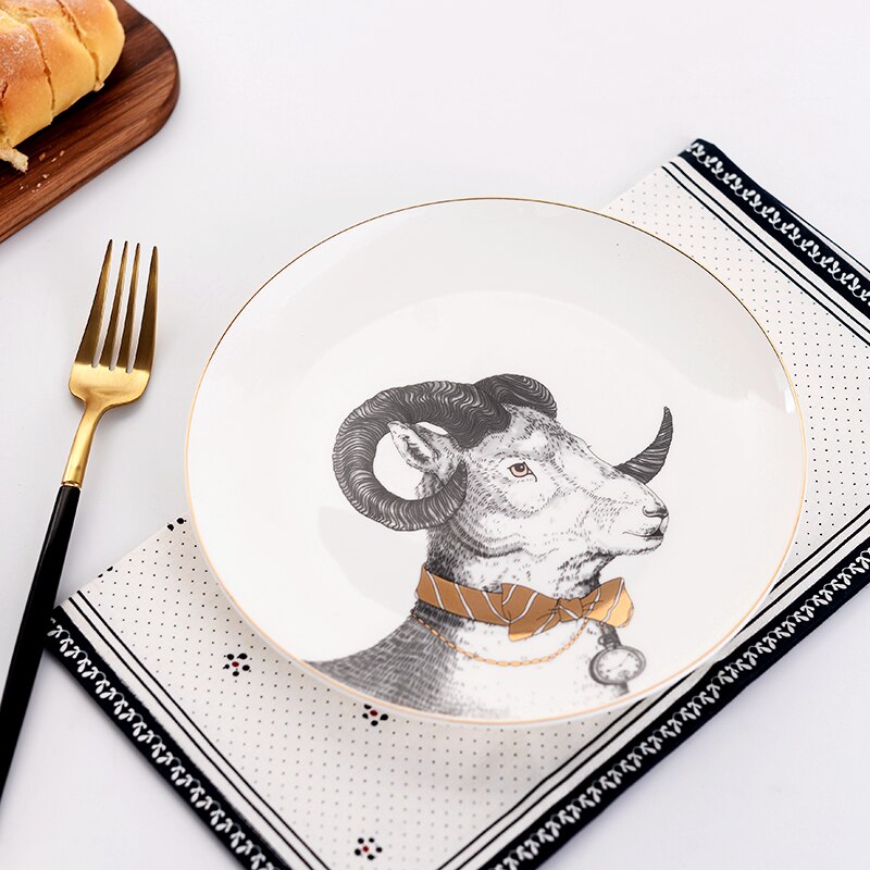 Assiettes à dîner en céramique De | Série animaux Royal Noble De 8 pouces, assiettes De table en porcelaine blanche en os De