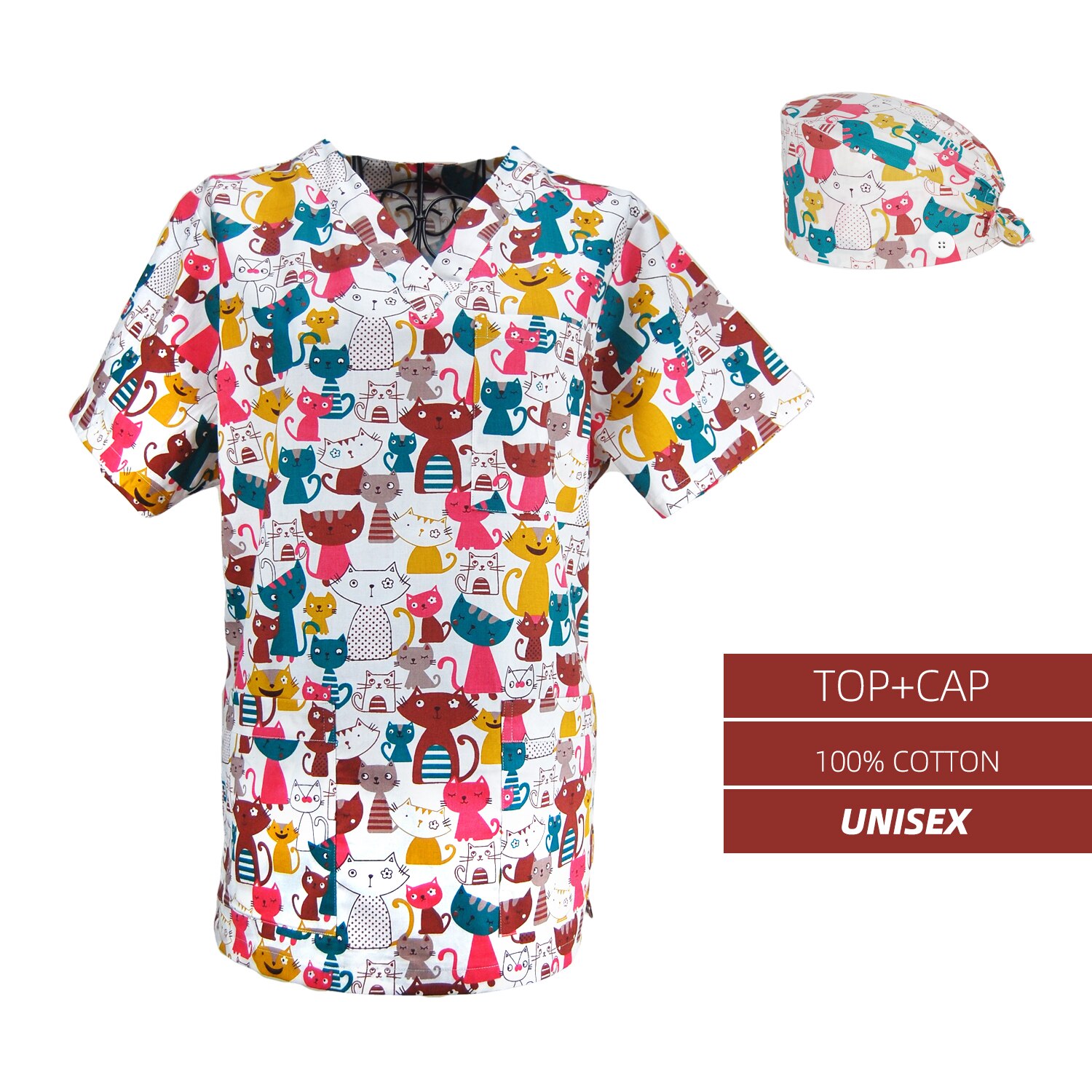 Unisex scrubs uniforms tops cap nurse doctors workwear working clothes Cartoon Print Short Sleeved Beautician Dentist scrub top: TOP AND CAP / M
