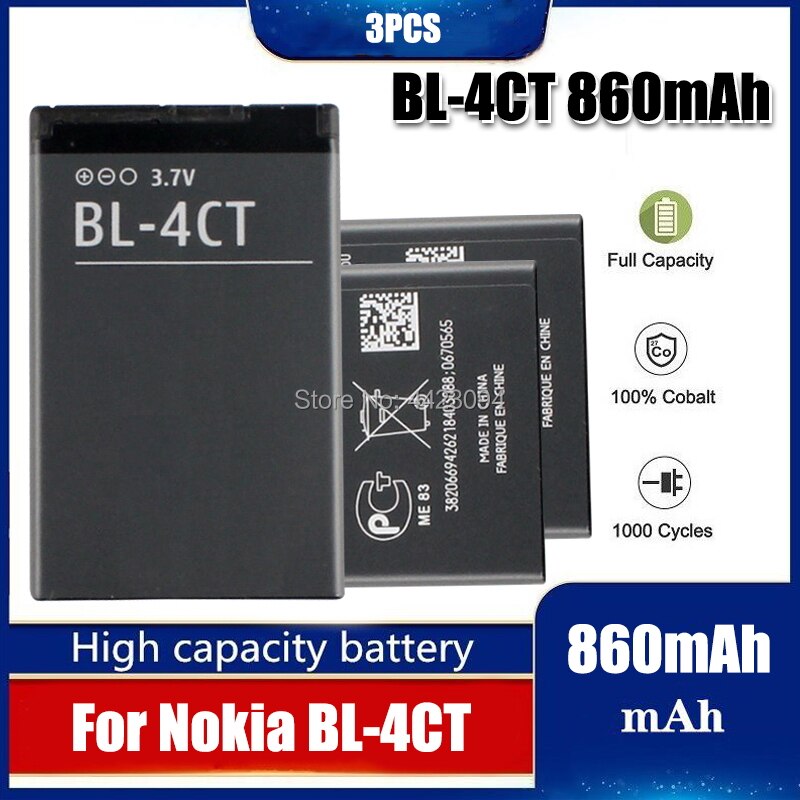860mAh Batterie BL-4CT BL4CT BL 4CT Pour Nokia 5310 6700S X3 X3-00 7230 7310C 5630 2720 2720A 7210C 6600F Batterie: 3pcs