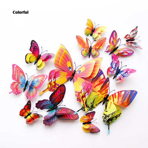 12Pcs Dubbele Laag 3D Vlinder Muur Sticker Op De Muur Home Decor Vlinders Voor Decoratie Magneet Koelkast Stickers: Colorful
