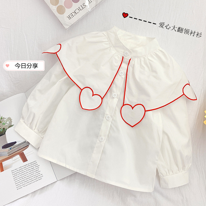 Blusa blanca con bordado de corazón para niños, ropa básica ancha con cuello vuelto, 2 años: Red / 90(1-2Y)
