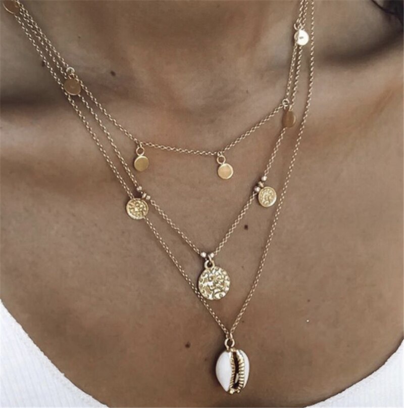 Docona Bohemian Moon Pendant Necklace for Women Rose Flowers Multilayer Shell Heart Gold Chain Chokcer Jewelry: 8708