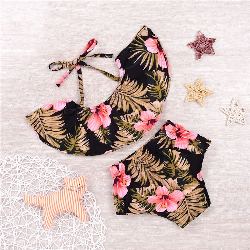 Newborn Infant Ruffle Swimsuit Kid Baby Girls Bikini Set Swimwear Children Baby Girl High Waist Printing Bathing Suit Beachwear