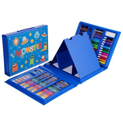 176 stk kunst sæt indbygget staffeli farveblyant tegning pensel penne til børn fødselsdag boks kunst maleri leverancer: Blå